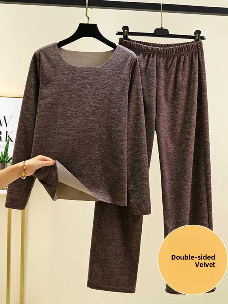 

Double-Sided Fleece Sleepwear round Neck Long Sleeve Loose Fit Home Clothes Set for Women Winter Thermal Comfortable Pajamas