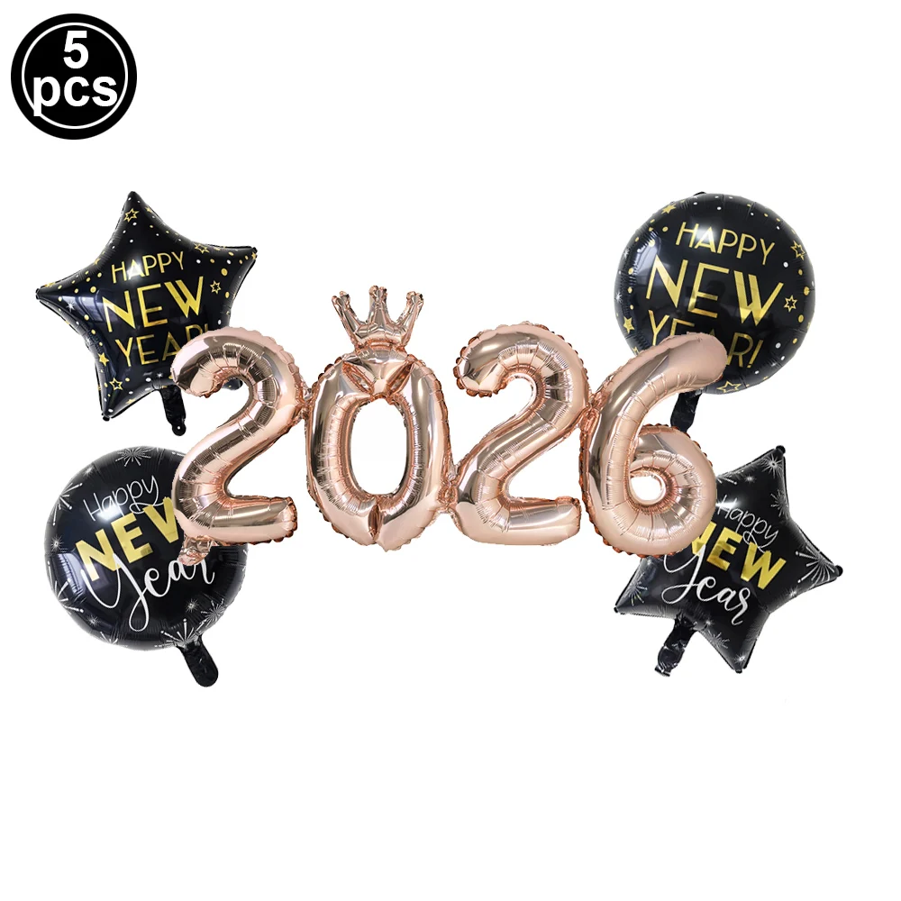 2026 مجموعة بالونات سنة جديدة سعيدة زينة بالون نجمة خماسية 2026 مجموعة بالونات أرقام لمستلزمات حفلات السنة الجديدة لعام 2026