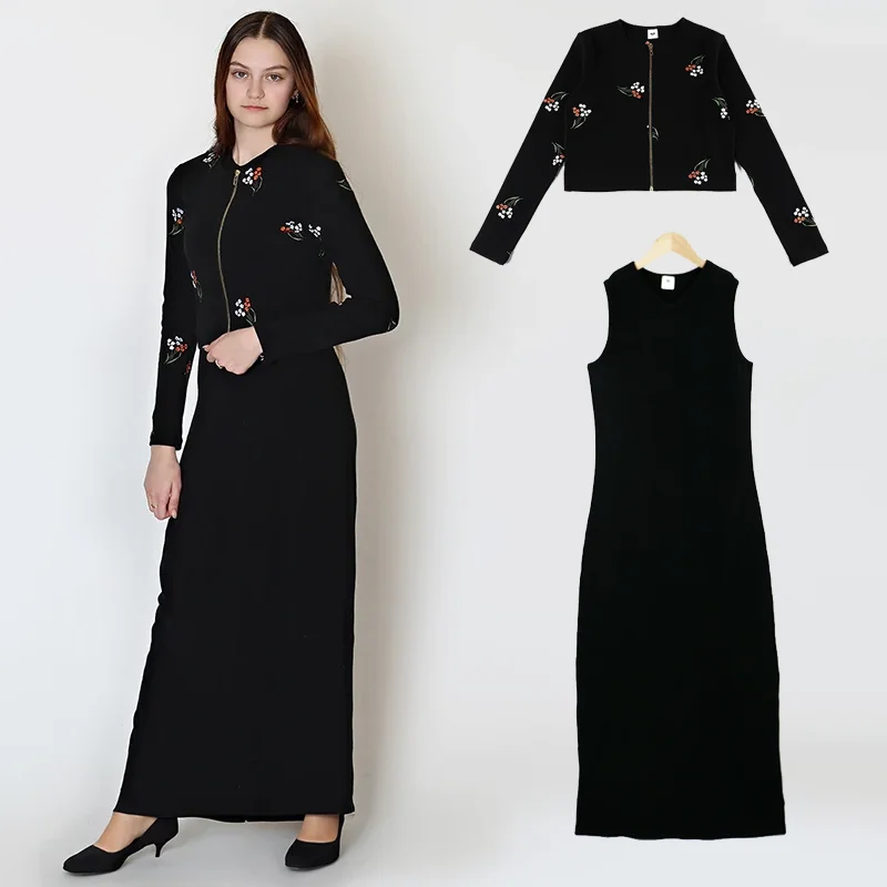 Women cardigan maxi dress ribbed top gold zipper dresses set black flowers shlomo sleeveless dress for lady clothes size XS-XXXL