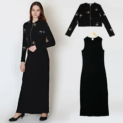 Femmes cardigan maxi robe côtelée top or fermeture éclair robes ensemble fleurs noires shlomo robe sans manches pour dame vêtements taille XS-XXXL