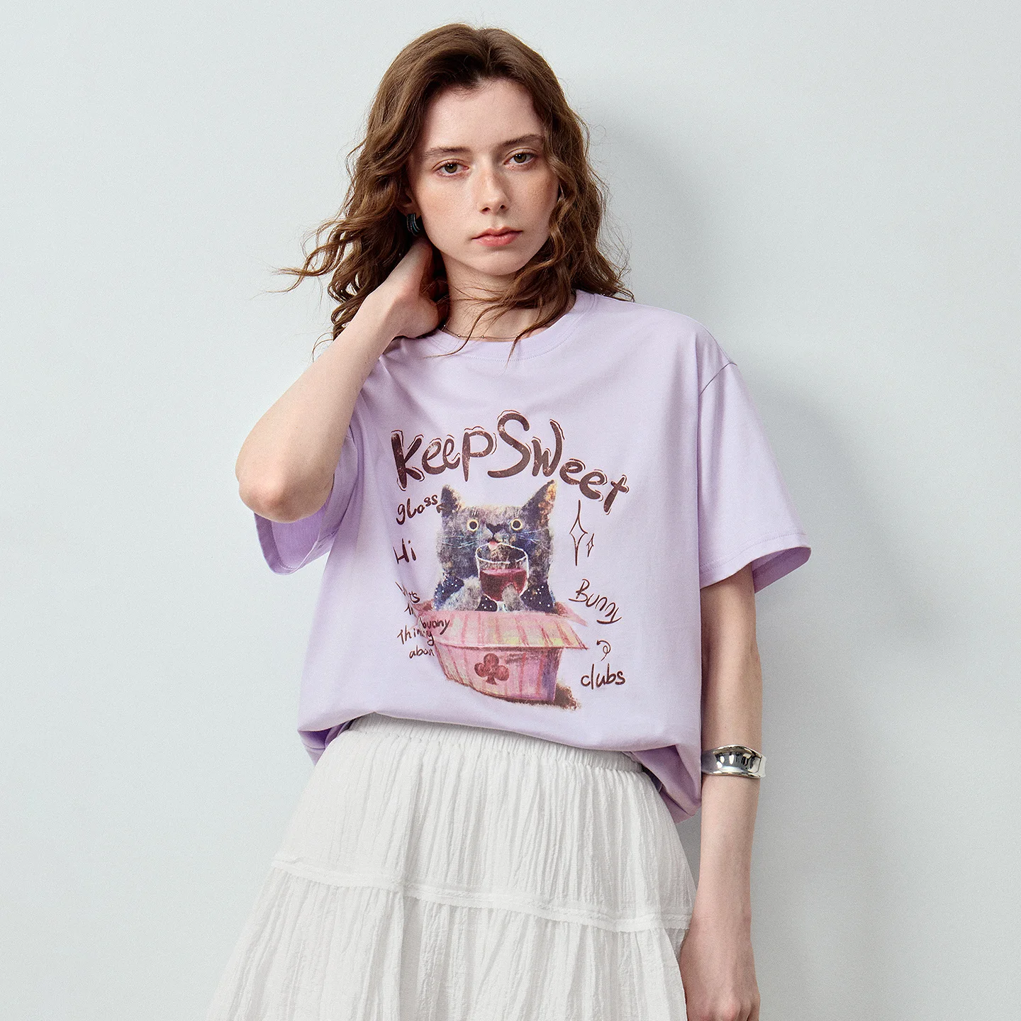 TOYOUTH Women 100% Cotton T-Shirt 2026 Summer New 5A Antibacterial Hand-drawn Graffiti Cat Letter Print Pullover Tops