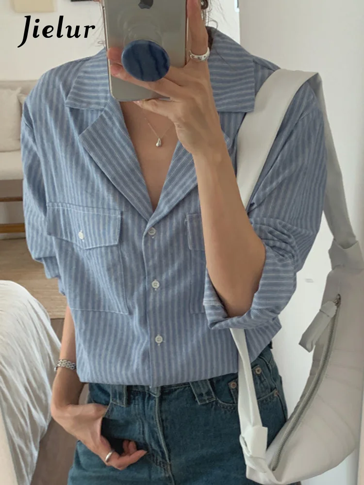 

Jielur Retro Spring New Striped Women Shirt Casual Loose Fashion Street Woman Shirt Blue Simple Basic Long-sleeved Top Female