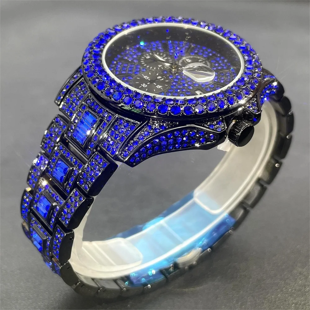 PLADEN Blue Iced Watches Men Luxury Stainless Steel Quartz Clock Man Fashion Hip Hop Colour Diamond Jewelry Wristwatch Reloj Hot