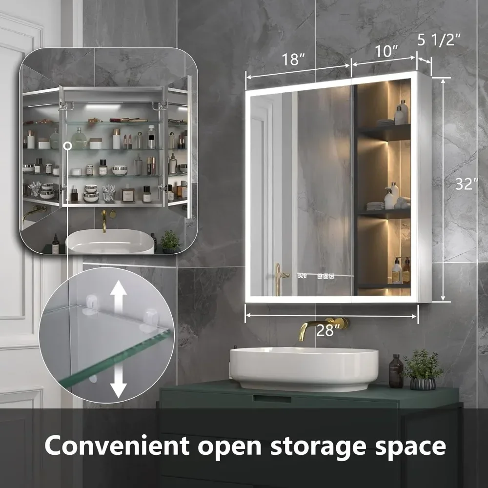 

Аптечка с подсветкой, 28x32 дюйма, встраиваемая или поверхностная светодиодная аптечка, дисплей температуры в комнате и часах A