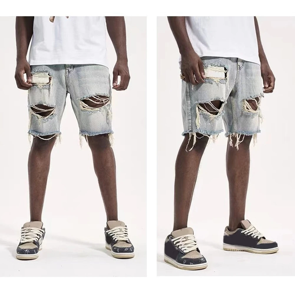 Ens Summer Distressed Shorts Fashion Slim Ripped Short Jeans Vintage Streetwear Straight Fit Ripped Holes Knee Length Distressed