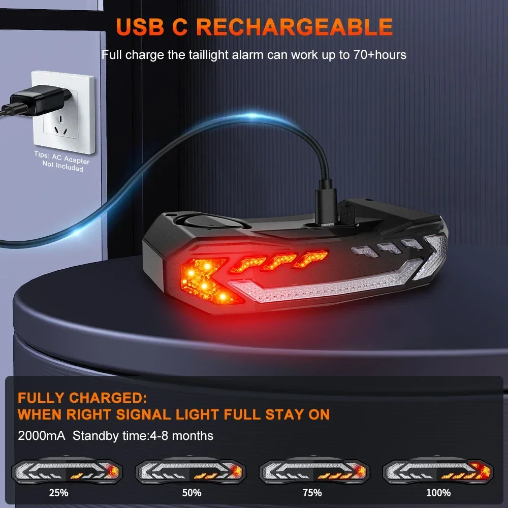 Rockbye Bicycle Headlight with Horn Alarm Remote Control Waterproof Bicycle Tail Light with Turn Signal Bicycle Anti-theft Alarm