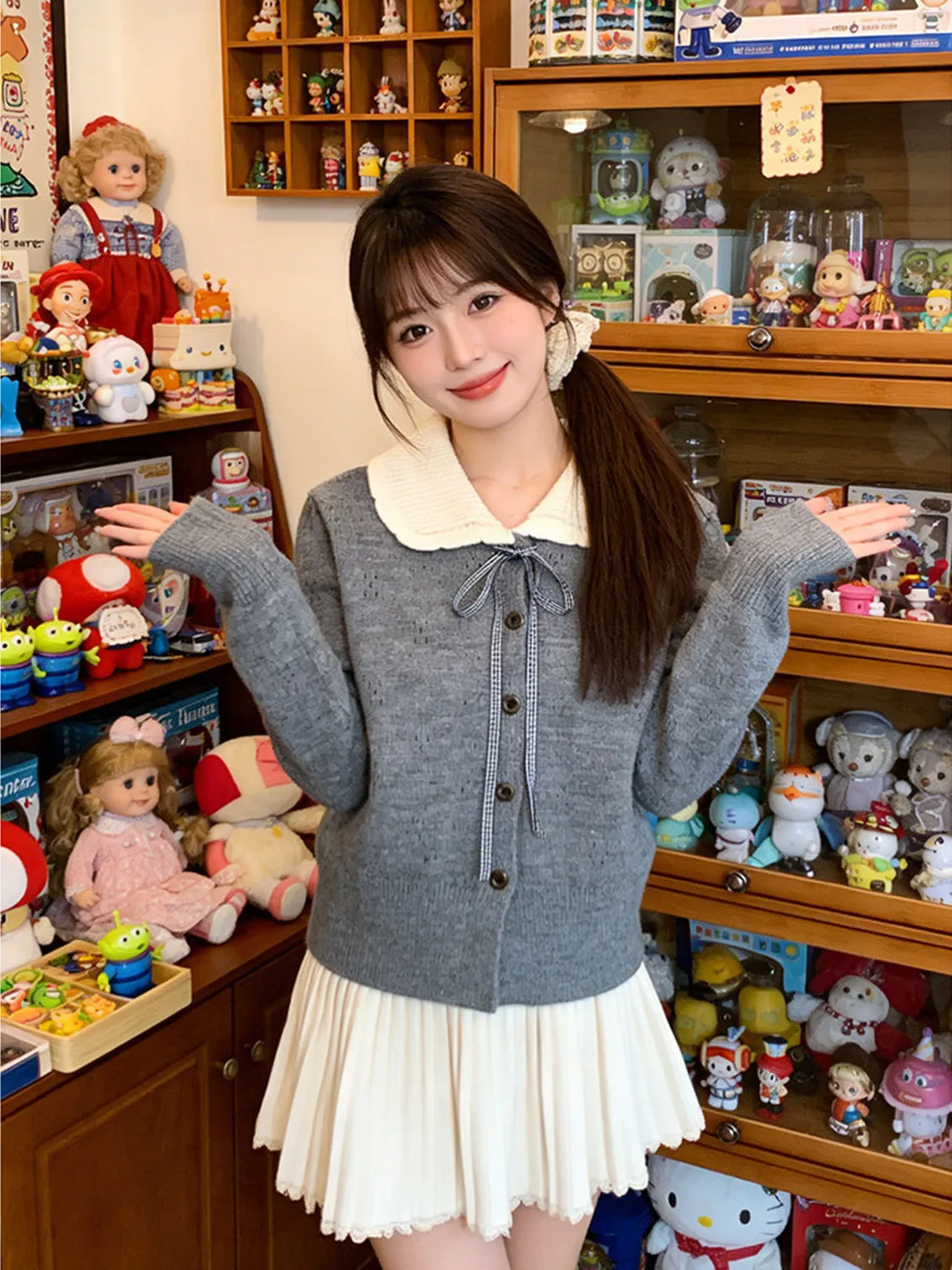 

Sweet Sle Doll Collar Knot Belted Knitted Open Cardigan Women's Spring 2026 New Versatile Slimming Sweater Jaet