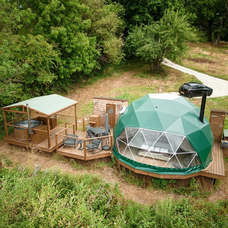 10m-17m Clear PVC Geodesic Dome Tent Igloo Glamping with Bathroom Stove Loft and Transparent Roof for Glamping Pods