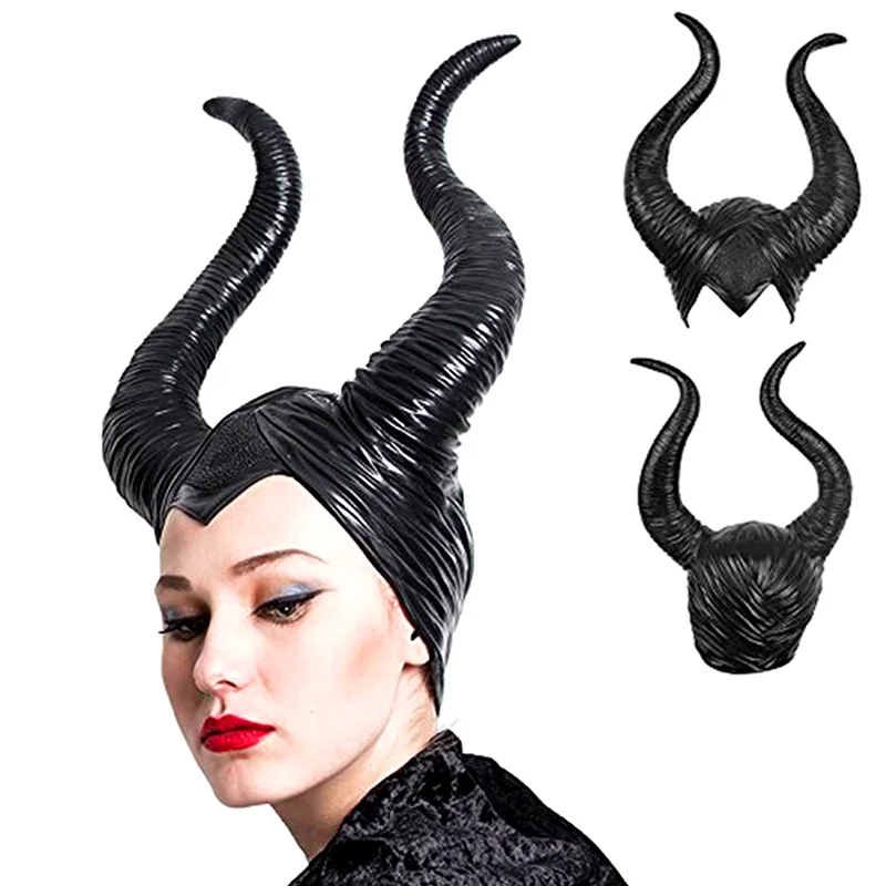 

Women Demon Black Large Horn Tiara Hat Head Cover Maleficent Witch Headgear Movie Peripheral Halloween Queen Cosplay Party Props