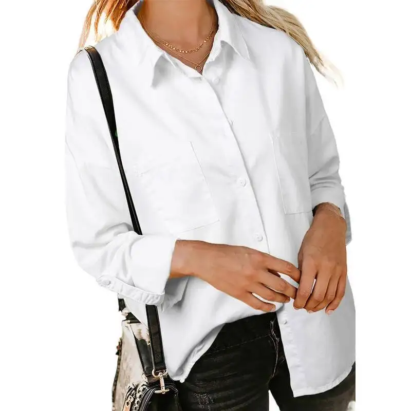 

Женские джинсовые рубашки с длинными рукавами и лацканами, новая универсальная блузка с двойными карманами и пуговицами, повседневная свободная женская простая однотонная рубашка-пальто