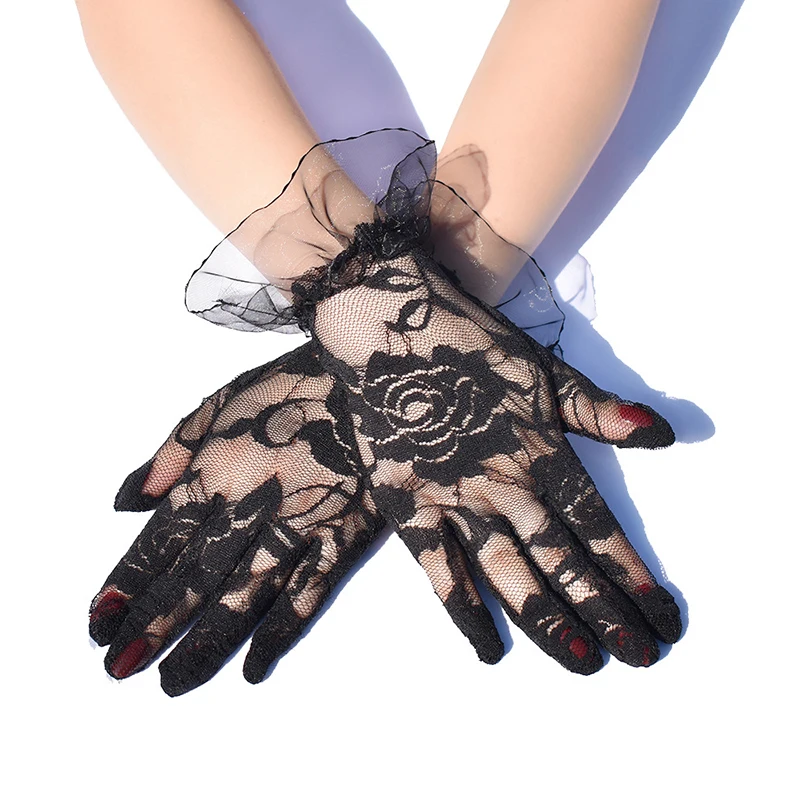 French Elegant Rose Lace Gloves Ladies Elastic Mesh Gloves Lolita Flower Mesh Glove Wedding Cocktail Party Sexy Gloves