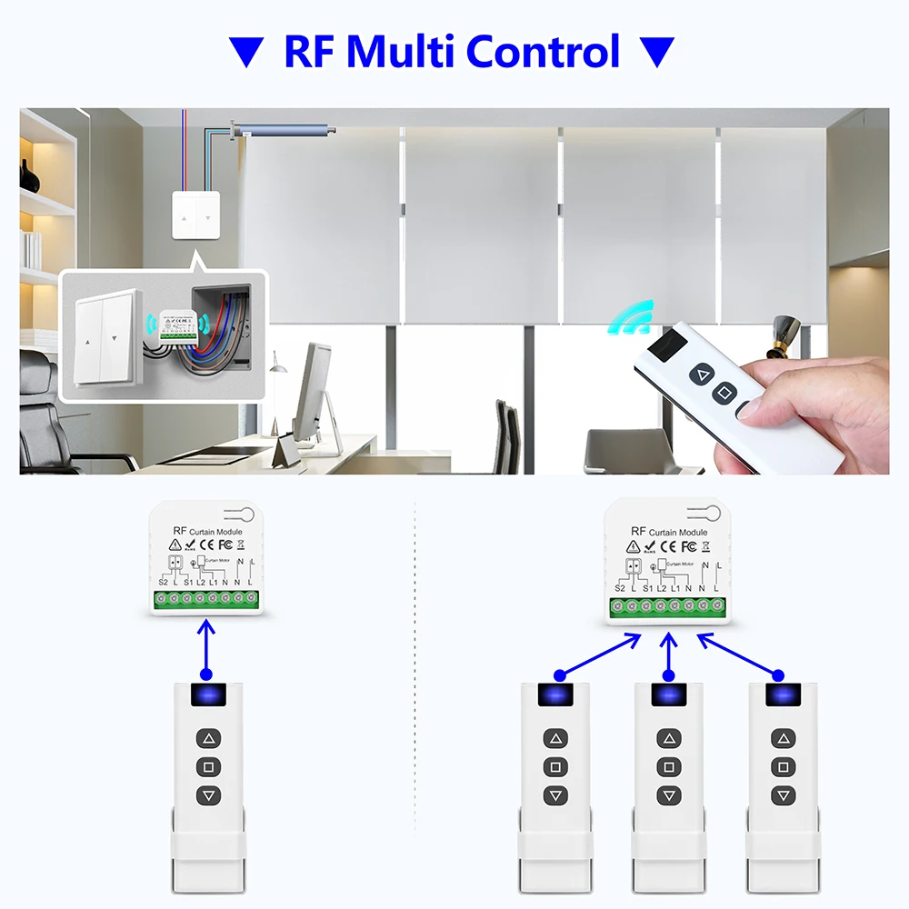 433 MHz kabelloser Vorhangschalter, 110 V, 220 V, 16 A, RF-Empfänger, 60 m Fernbedienung, für Fernbedienung, Rollladen, Fensterjalousien, Garagentor – Detail 7