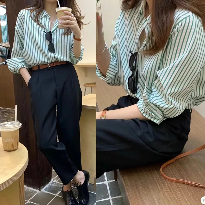 

Withered Refreshing Green Striped Silhouette Shirt, Elegant Commuter Ol, Atmospheric Casual Shirt Top Woman Clothes Shirts
