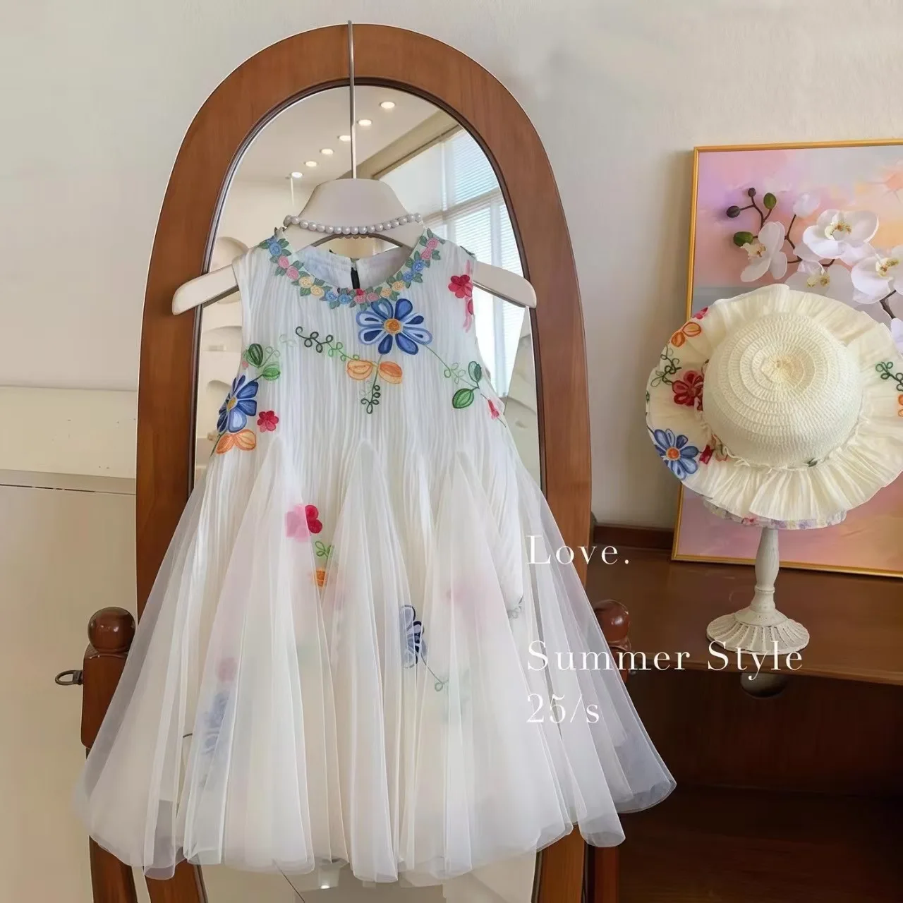 Girls Embroidered Flower Sleeveless Dress – Summer Princess Tank Gown for Toddlers, Casual Vacation Outfit view 2