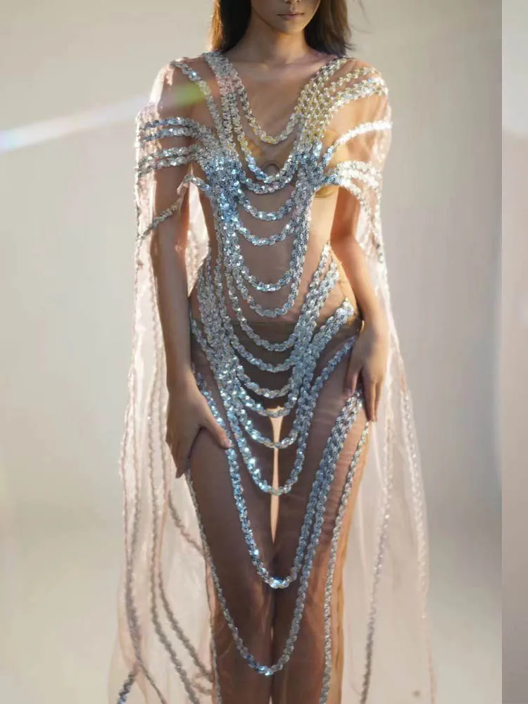 

High Quality Sequin Sexy Perspective Mesh Shawl Dress 2024 New Fashion Custom Women'S Clothing