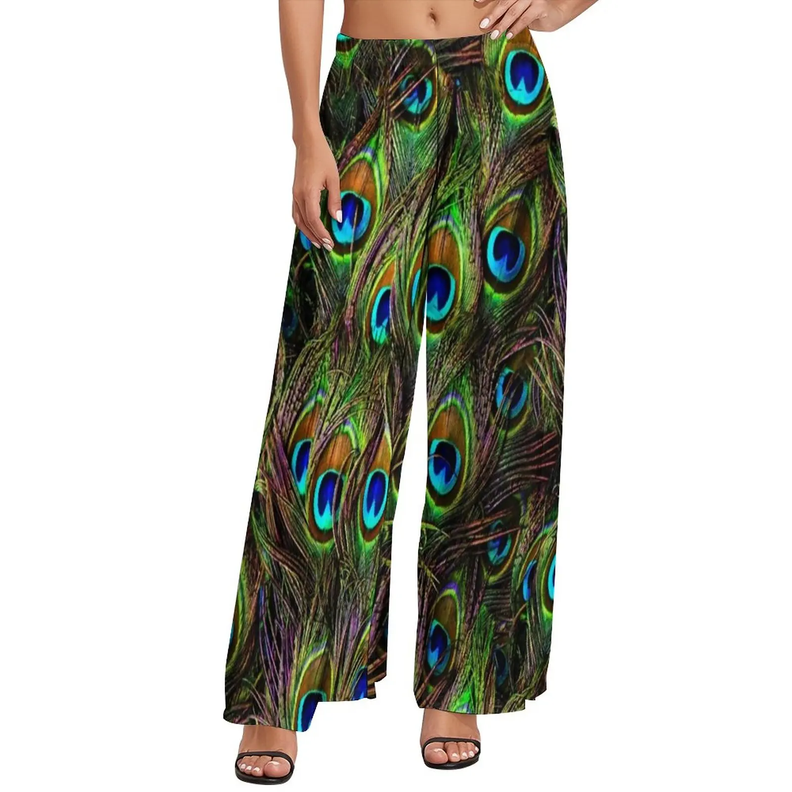 Peacock Feathers Straight Pants Colorful Print Elegant Wide Pants Womens Oversized Streetwear Custom Trousers