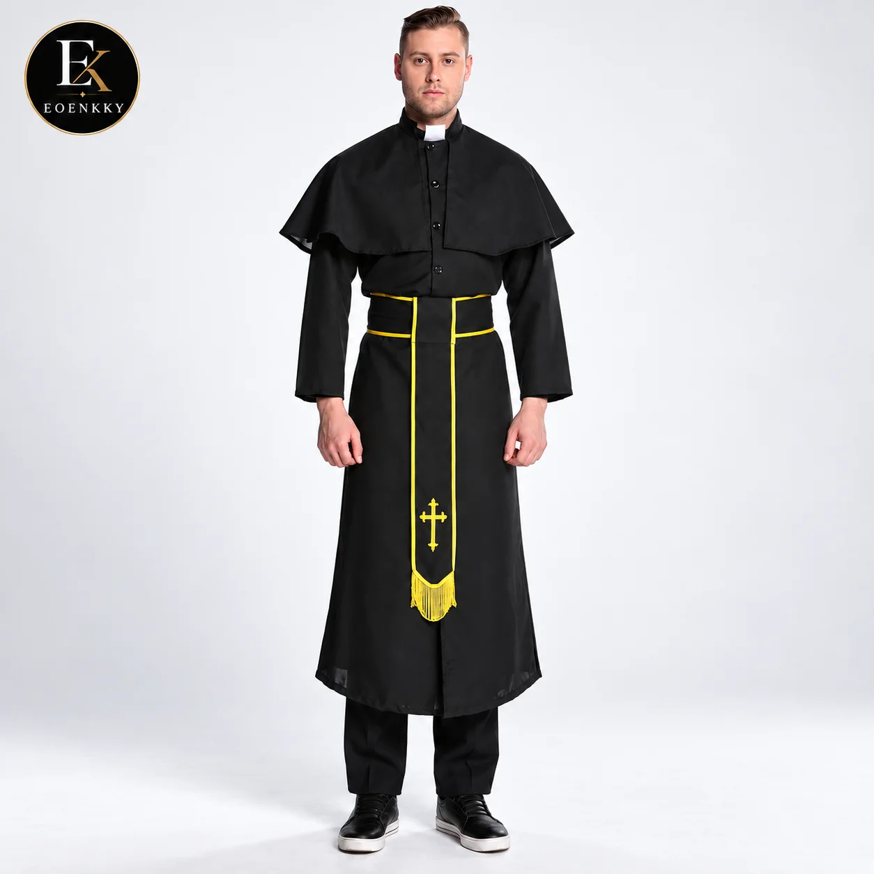 EOENKKY Halloween Couple Costume Priest Nun Cosplay Outfit Black Religious Robe Party Role Play Masquerade Costume Set