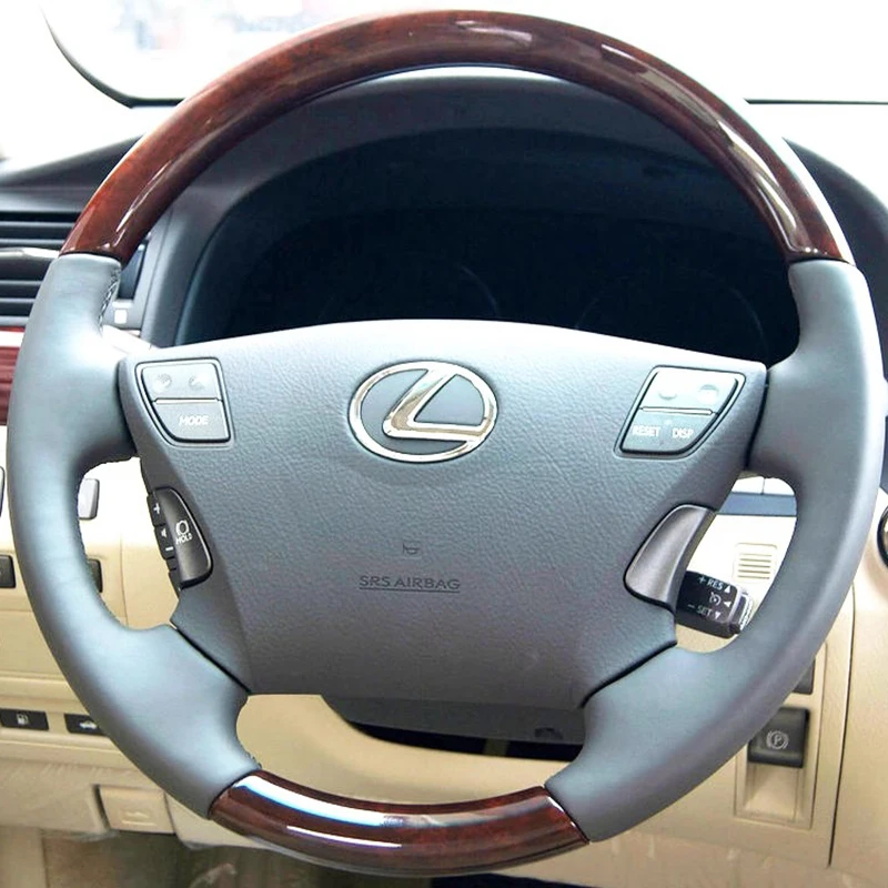 Dla Lexus LX570 2009-2013 Akcesoria samochodowe Ręcznie szyte brzoskwiniowe drewno czarne Oryginalna skórzana osłona kierownicy samochodu