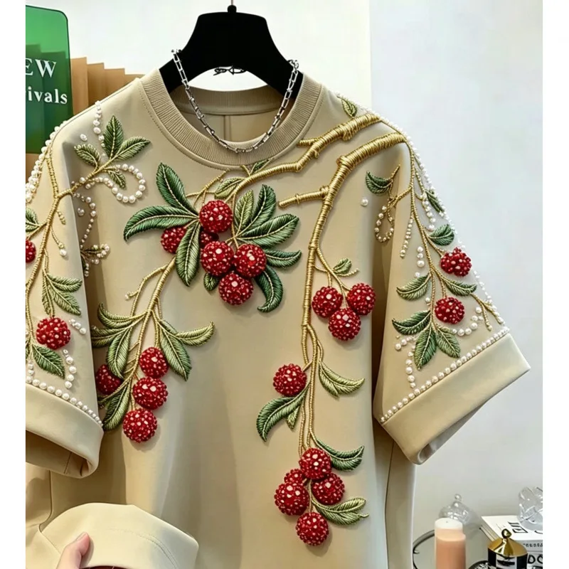 2026 New Spring Summer Round Neck Women Pullover Top Luxury Beads Casual Short Sleeve Tees All-match Female Casual Basic T-shirt