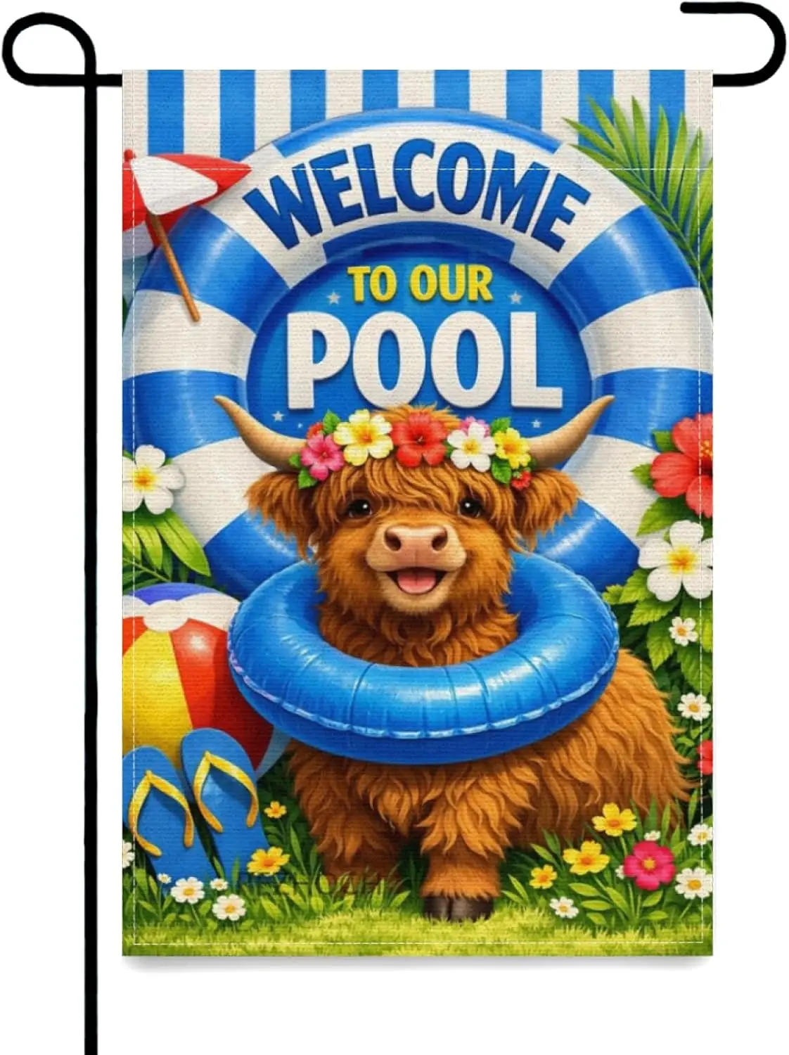 Summer Garden Flag 12x18Inch,Welcome To Our Pool Funny Highland Cow Blue White Lifebuoy Beach Outdoor Decor,Animal Floral Pa AAS