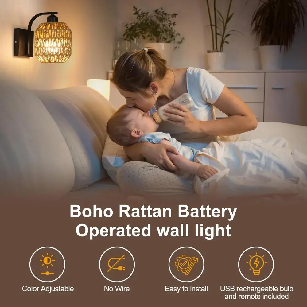 Cordless Battery Operated Wall Sconces Set of 2 Rattan Wireless Rechargeable Lights with Remote Control Magnetic Base USB