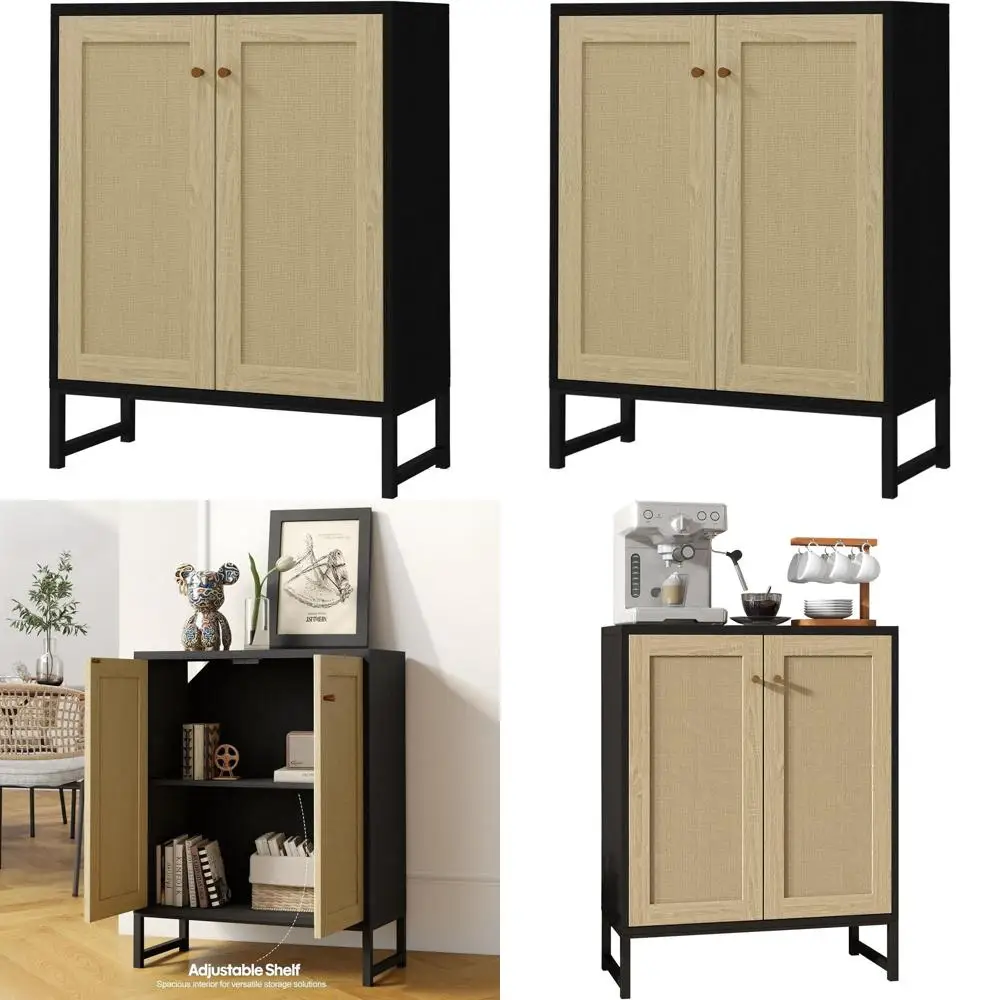 

Black Rattan 2-Door Storage Cabinet for Living Room & Kitchen Buffet