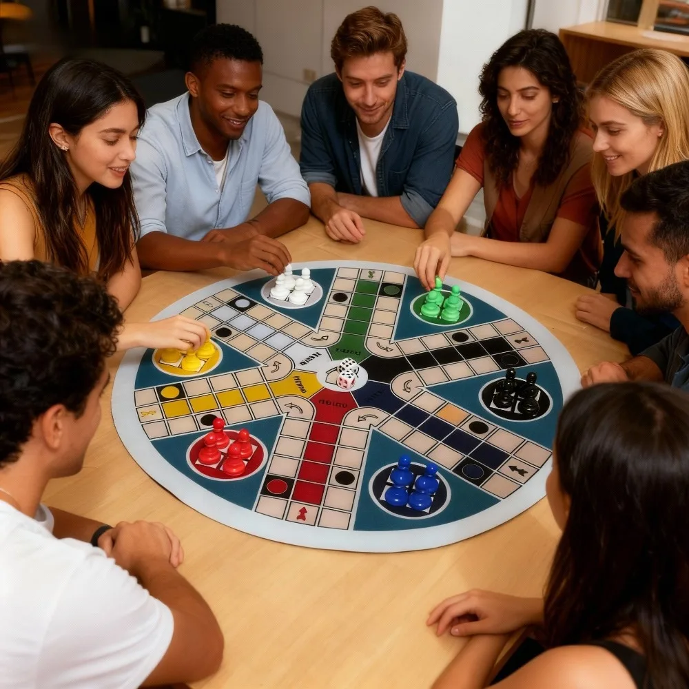Plateau de jeu LUDO pour 6 joueurs, grande taille 35CM/13.78IN - INCLUS : 1 tapis de jeu circulaire, 24 pions en 6 couleurs, 2 dés