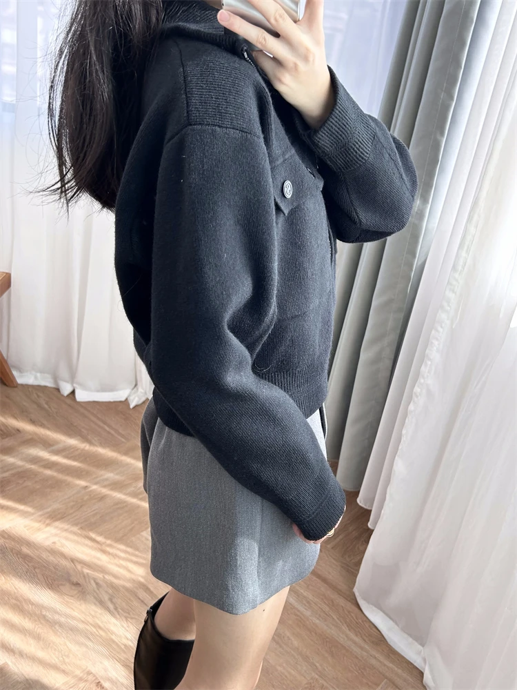 Women tweed jacket S Family 24 Spring New Style Black Top with High Neck Small Diamonds Zipper Knitted Short Coat for Women