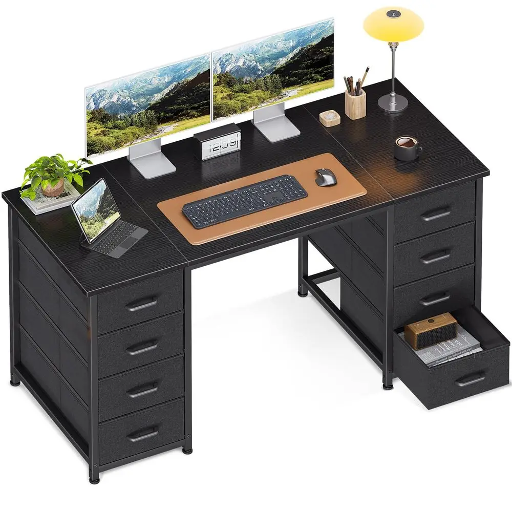 48 Inch Computer Desk with 8 Fabric Drawers, Modern Office Desk with Large Storage for Home Office, Study, Gaming, Black