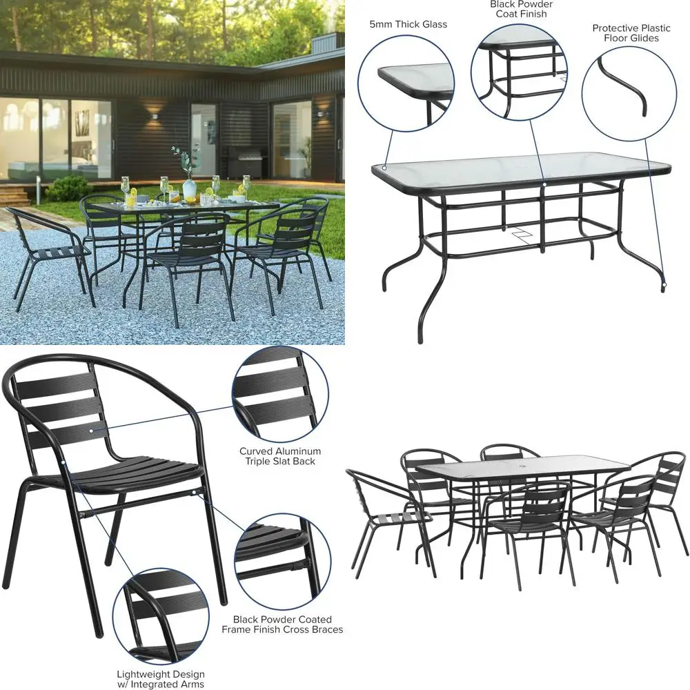 

Стеклянный обеденный набор для патио из 7 предметов с 6 стульями с решетчатой спинкой, черный