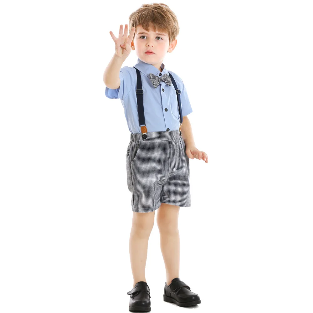 1-7Y Baby Boys Clothes Set Short Sleeve Polo Shirt with Bow + Suspender Pants Wedding Parties Festivals Kids Gentleman Clothing