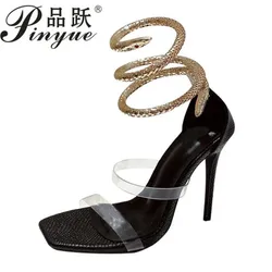 Women Snake Shape Circle High Heel Party Shoes Sexy Open Toe Runway Stilettos Crystal Narrow Band Gladiator Sandals