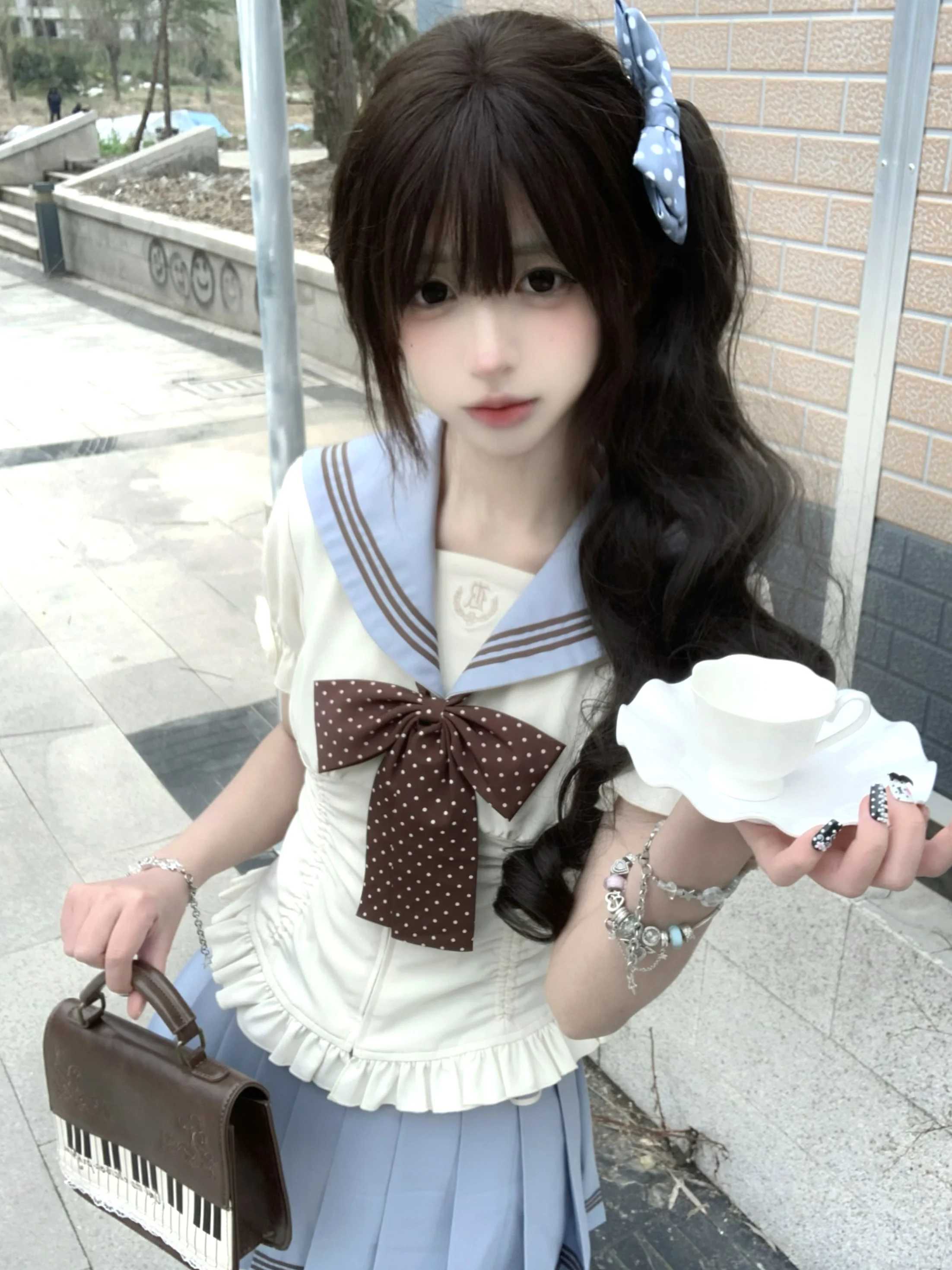 

Original Cherry JK Cheese Ice Cream Style Women's Fashion Set High Waist Pleated Skirt Short Shirt Spring Season Polyester