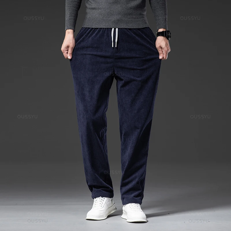 Four Seasons Men\'s Corduroy Casual Pants Elastic Waist Business Fashion Straight Loose Trousers Male Black Khaki Blue M-5XL