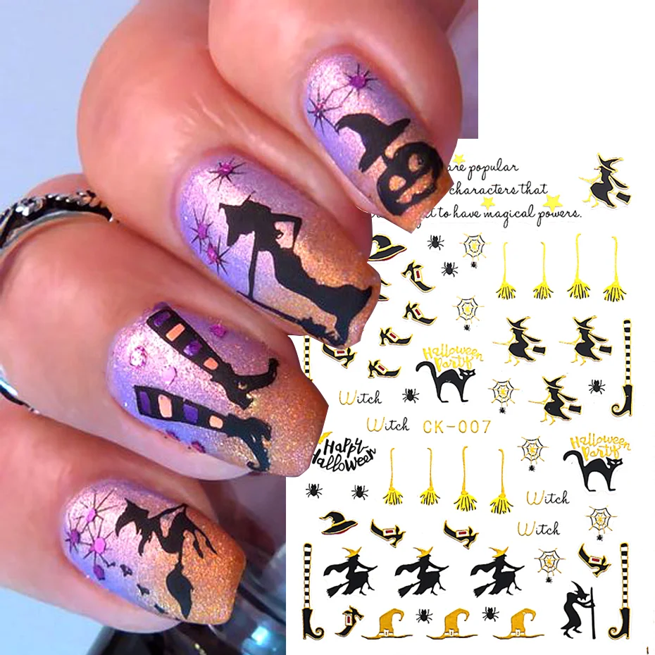 Embossed 3D Witches Nails Stickers Gold Black Witche Broom Boots Relief Design DIY Halloween Dark Style Manicure Decal CK-007