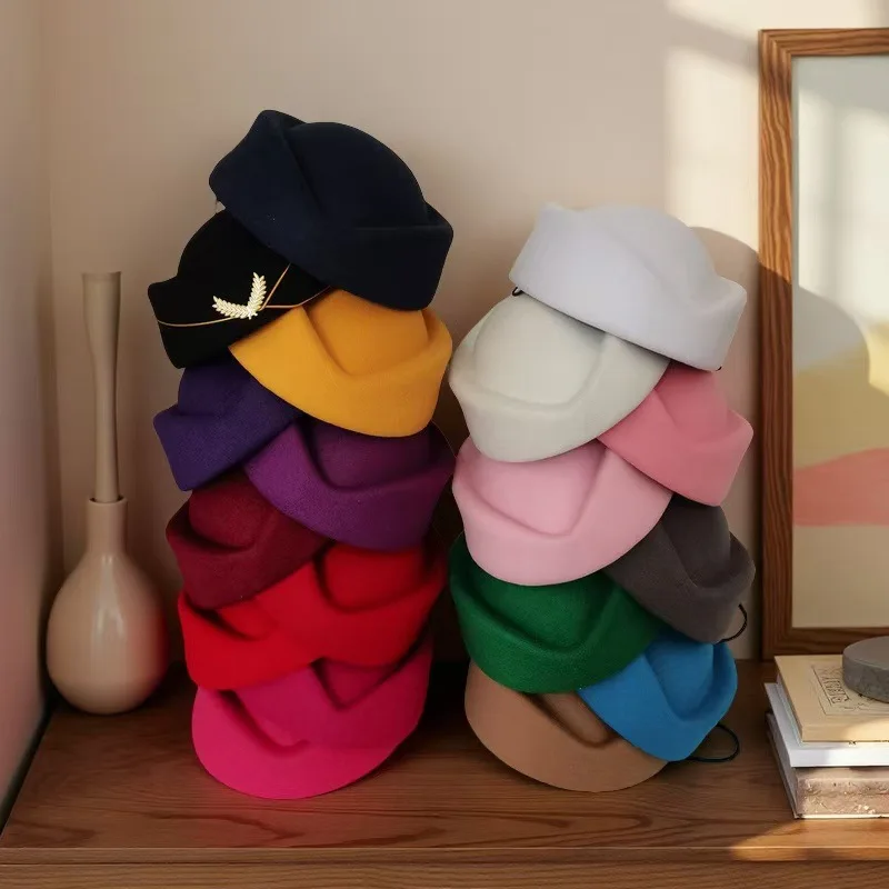 Women's Wool Felt Beret Hat for Flight Attendant Band Performance Hotel Service Fashion Versatile Multiple Colors​​