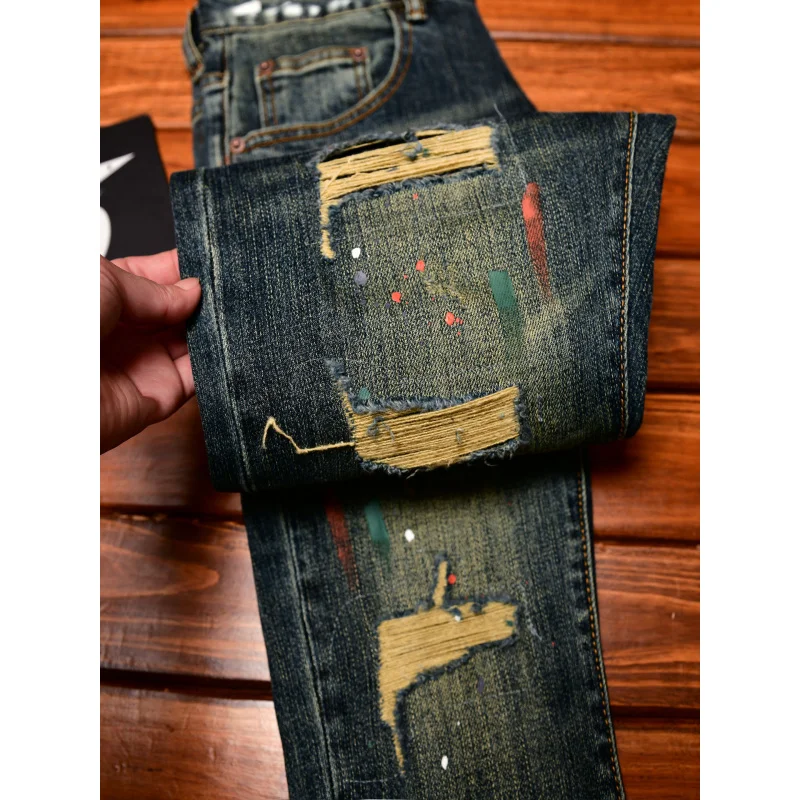 Broken hole patch jeans for men 2025 new men's clothing paint printing trend design retro nostalgic slim fit denim pants