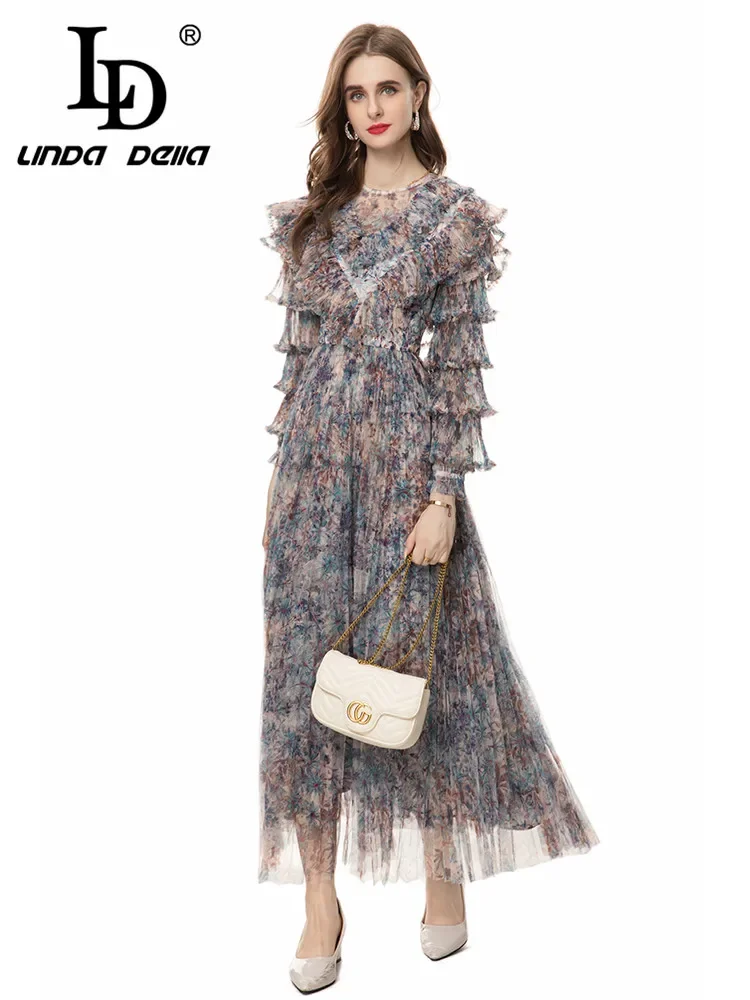 LD LINDA DELLA Summer Runway Temperament Vacation Dress Women's Small Floral Print Net Yarn Cascading Ruffle Long Dresses