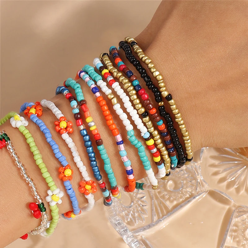 1PC Handmade Bohemian Friendship Bracelet Ethnic Colorful Seed Bead Flowers Charm Bracelet For Women Children Beach Party Gifts