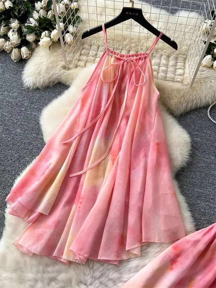 BabYoung Summer Vacation Two Piece Sets 2025 French Style Sexy Halter Camis Elastic Waist Skirt Women Gentle Print Beach Suits