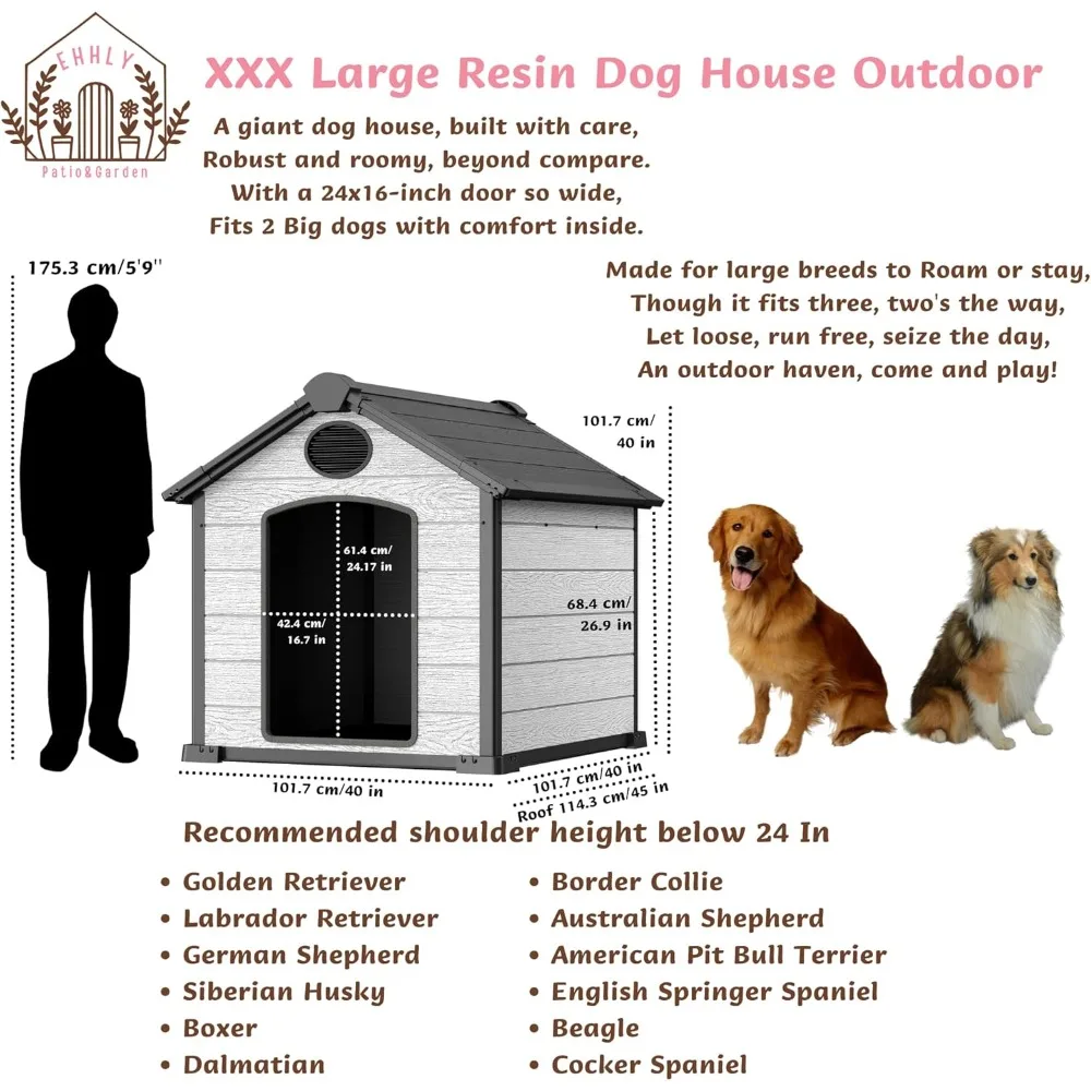 46 Large Dog House Outdoor Weatherproof, 3XL Big Dog House for 2 Large Dogs Outside, Insulated Igloo Pet House with Elevated Flo