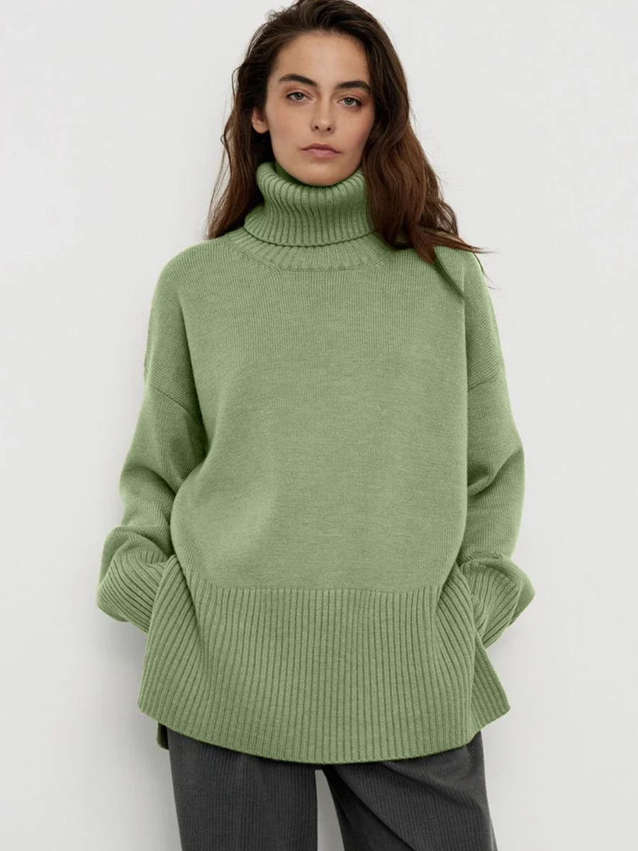 

Chic Turtle Neck Autumn Winter Sweater Women Soft Warm Basic Knitted Split Pullover Loose Casual Female Jumper 2024