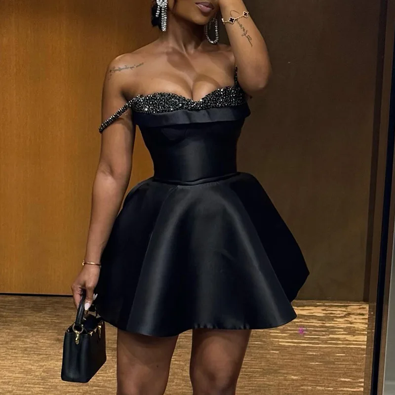 

Crystals Black Satin Prom Dress Sexy Stripe Sleeveless Lace Up Back Party Gown Formal Wedding Guest Birthday Short Mini Robe