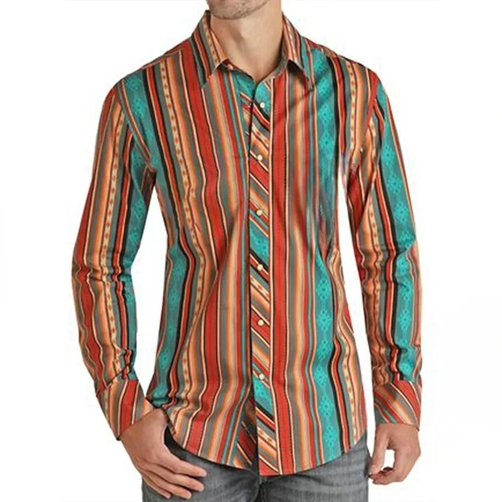 Men's Button-up Shirt Business Casual Spring/Summer Plus Size Long Sleeve Rainbow Striped Print Work Day Holiday Shirt