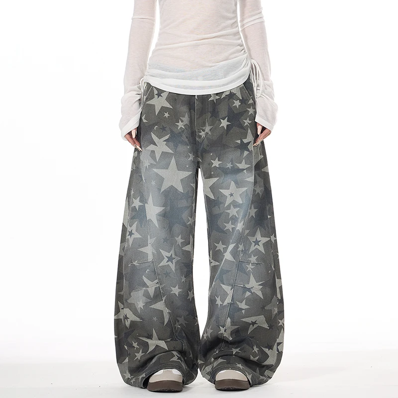 American Style Men Denim Pants Star Printing Contrast Color Vintage Curved Knife Trousers All-match Trend Male Bottom