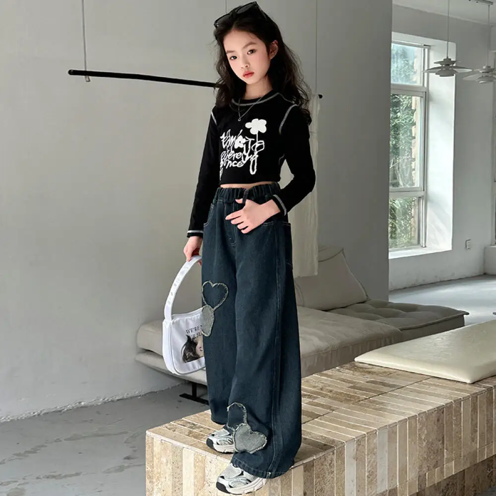 

Kawaii футболка с длинными рукавами для девочек, джинсовый комплект, студенческий осенний повседневный нижний слой, рубашка, широкие брюки, комплект из 2 предметов, детская одежда