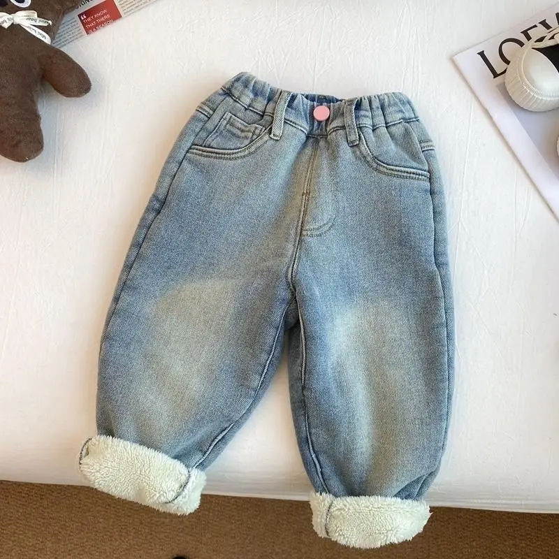 Kids Jeans Rabbit Embroidered Winter Fleece and Thickened Jeans for Girls Boys Pants Blue Jeans Girls Pants