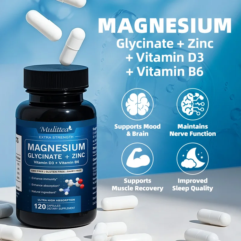 

Mulittea Magnesium Glycinate Vegan Capsules with Zinc Vitamin D3 & B6 Supplements for Promotes Nerve Bowel Relaxation Function