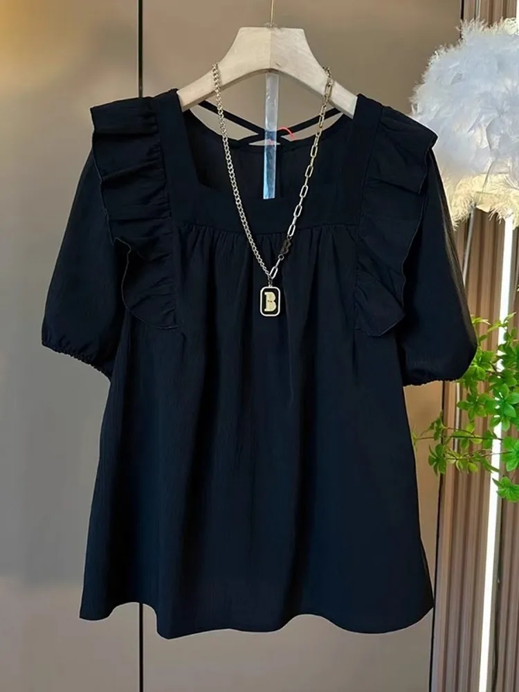 

Ele Square Collar ort Sve Chiffon irt Women's Summer Loose Chic Design Slimming Top Doll irt Korean Sle Commute