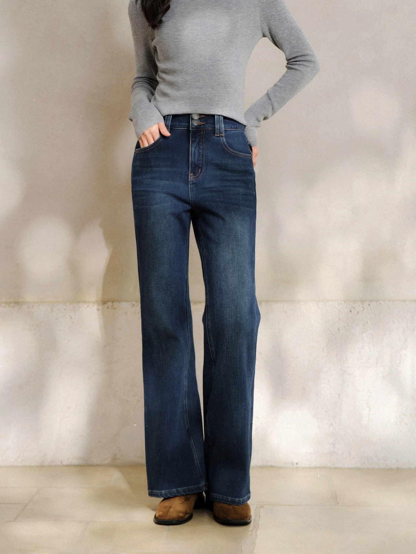 

Spybunny High Waist Fleece Lined Washed Denim Jeans Women's Casual Commute Spring Long Pants Vintage Flared Cotton Stretch